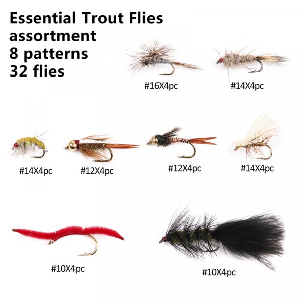 Essential trout flies assortment 8 patterns 32 flies