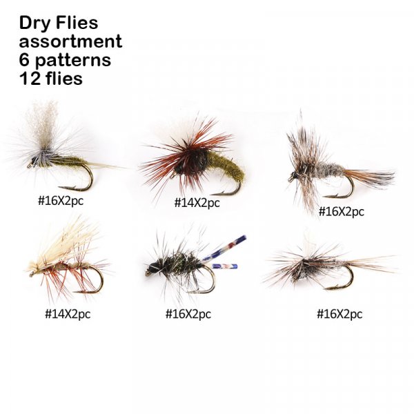 dry flies assortment 6 patterns 12 flies