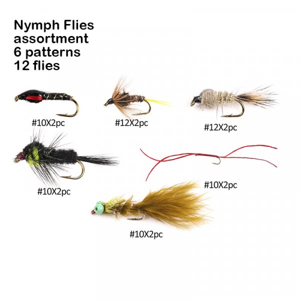 nymph flies assortment 6 patterns 12 flies